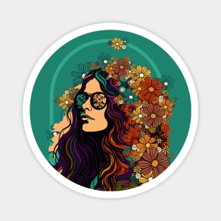 Hippie Style Girl And Colorful Flower Garden Retro Aesthetic Magnet